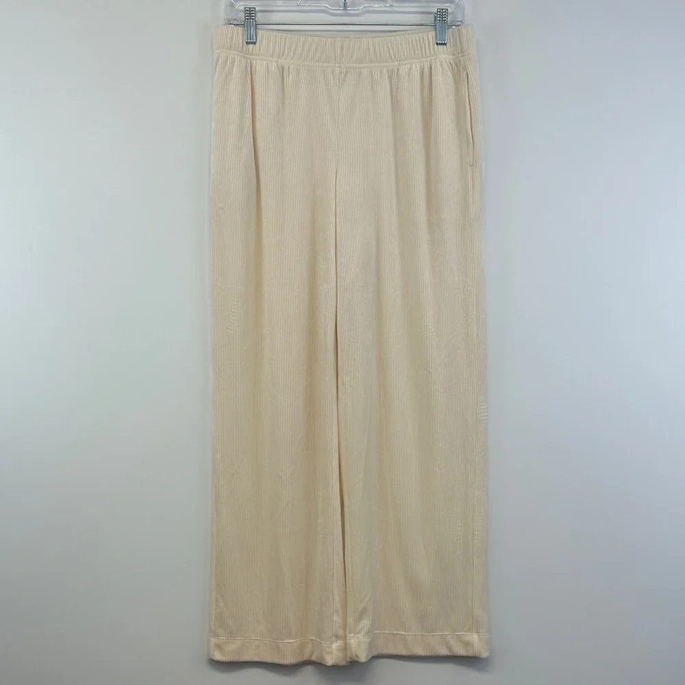 Soma Velvety Rib Pajama Lounge Set M Beige Soft Knit Notch Collar Top Pants